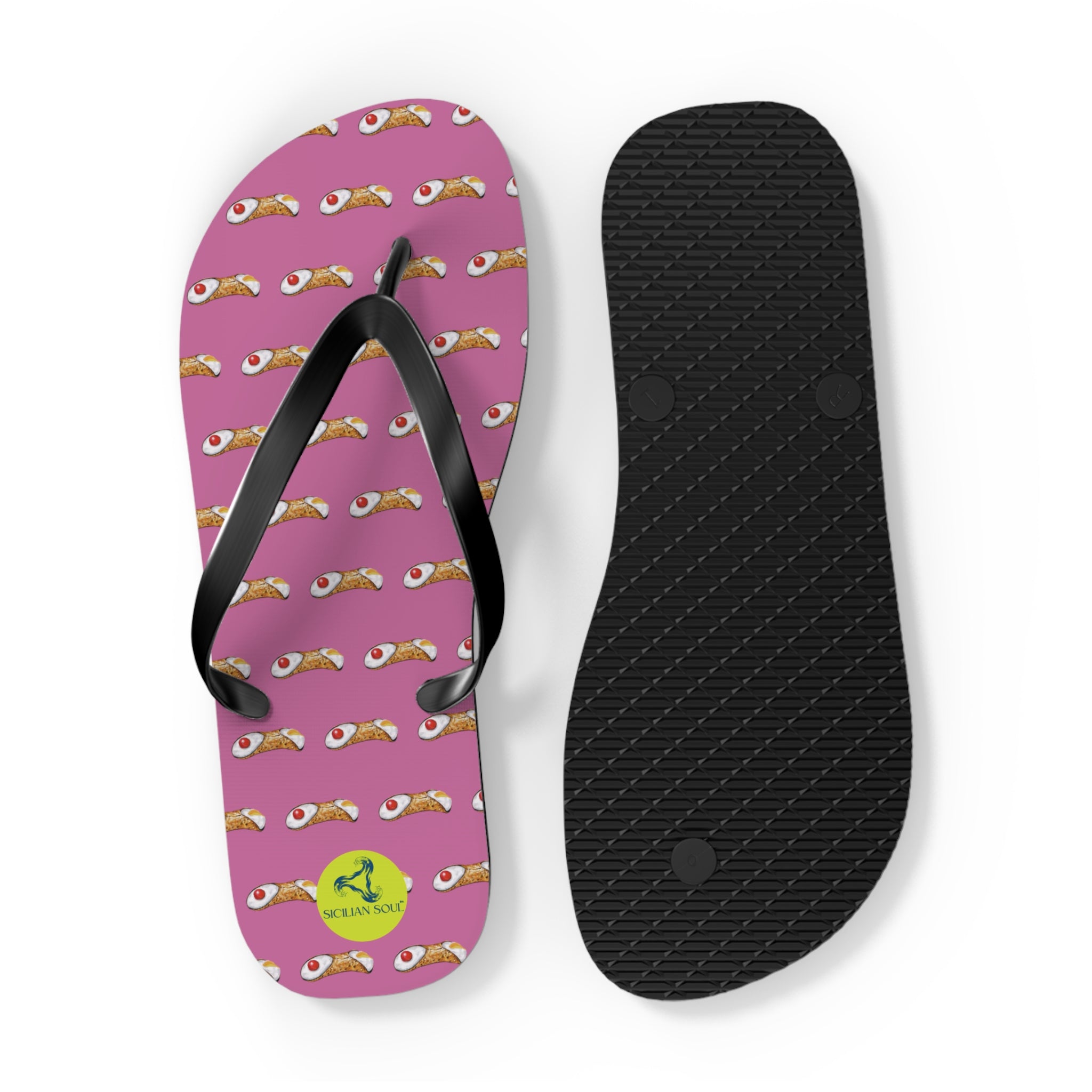 Sicilian Soul Cannoli Fun Graphic Flip Flops for Beach Days Pink
