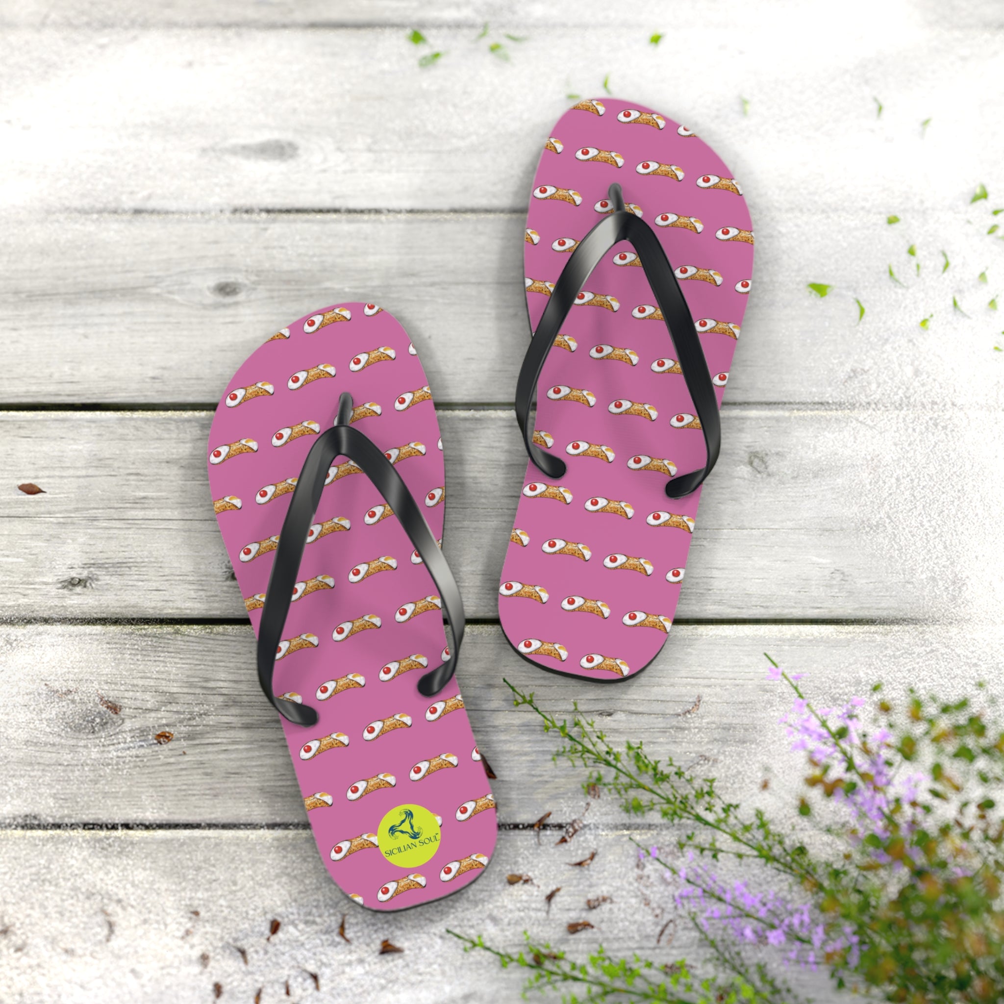 Sicilian Soul Cannoli Fun Graphic Flip Flops for Beach Days Pink
