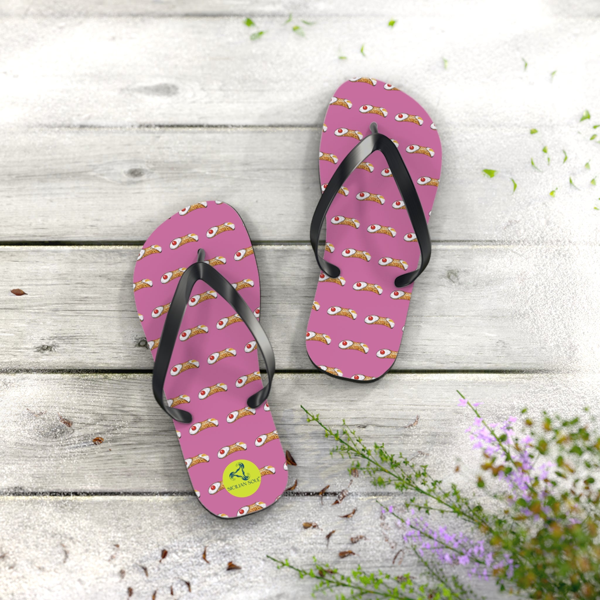 Sicilian Soul Cannoli Fun Graphic Flip Flops for Beach Days Pink