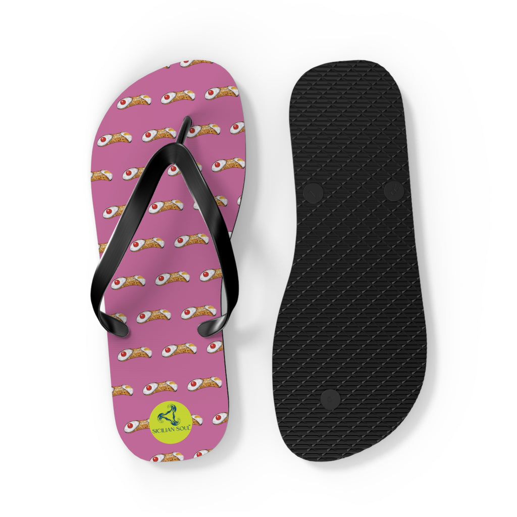 Sicilian Soul Cannoli Fun Graphic Flip Flops for Beach Days Pink