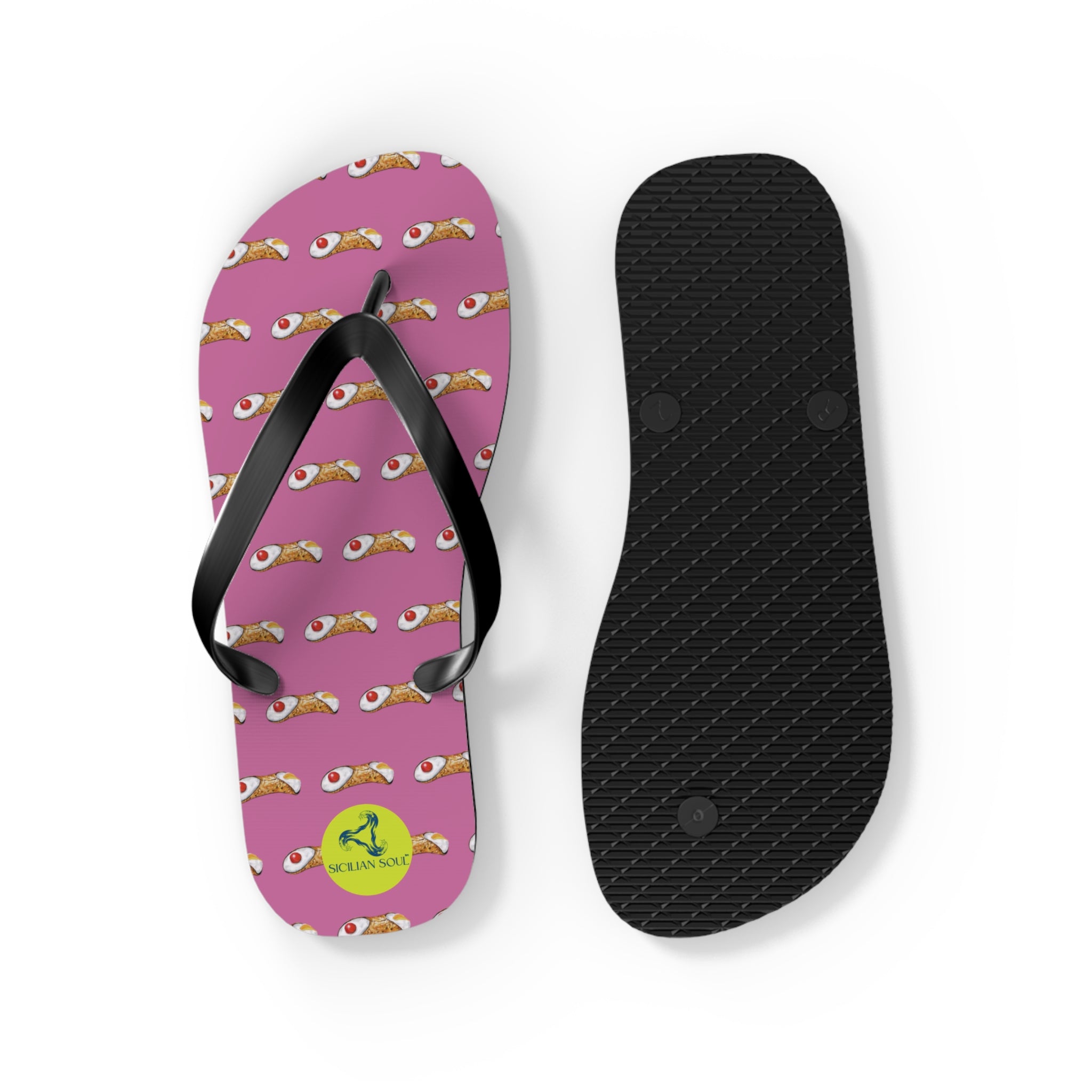 Sicilian Soul Cannoli Fun Graphic Flip Flops for Beach Days Pink