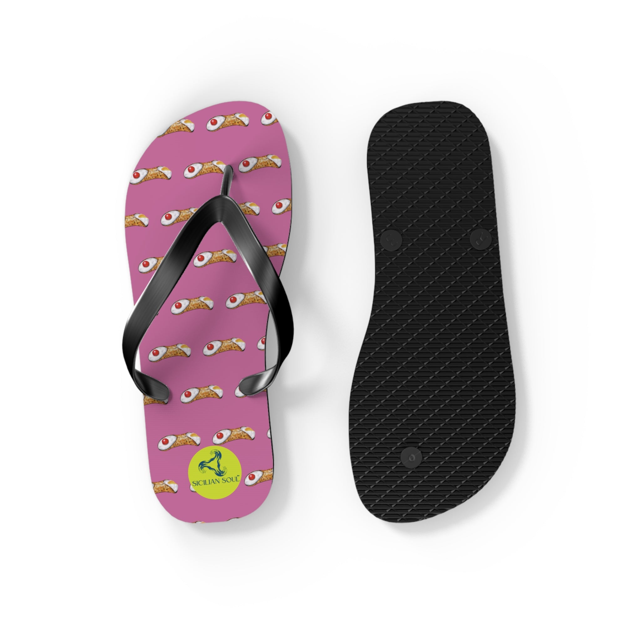 Sicilian Soul Cannoli Fun Graphic Flip Flops for Beach Days Pink