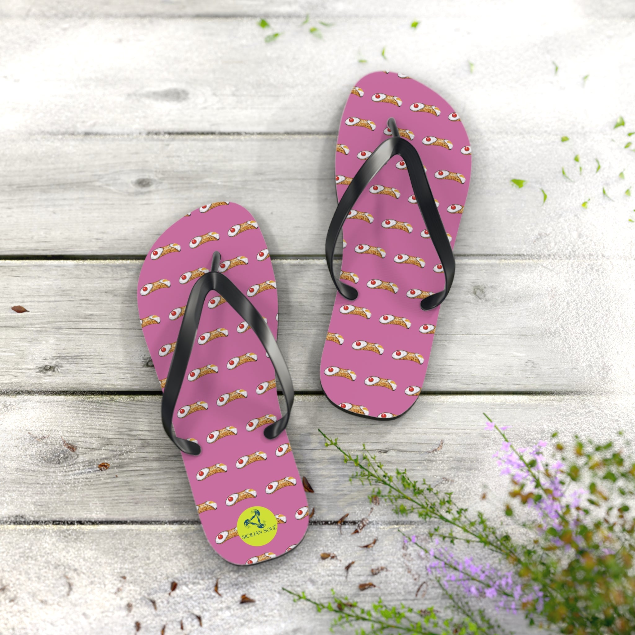 Sicilian Soul Cannoli Fun Graphic Flip Flops for Beach Days Pink