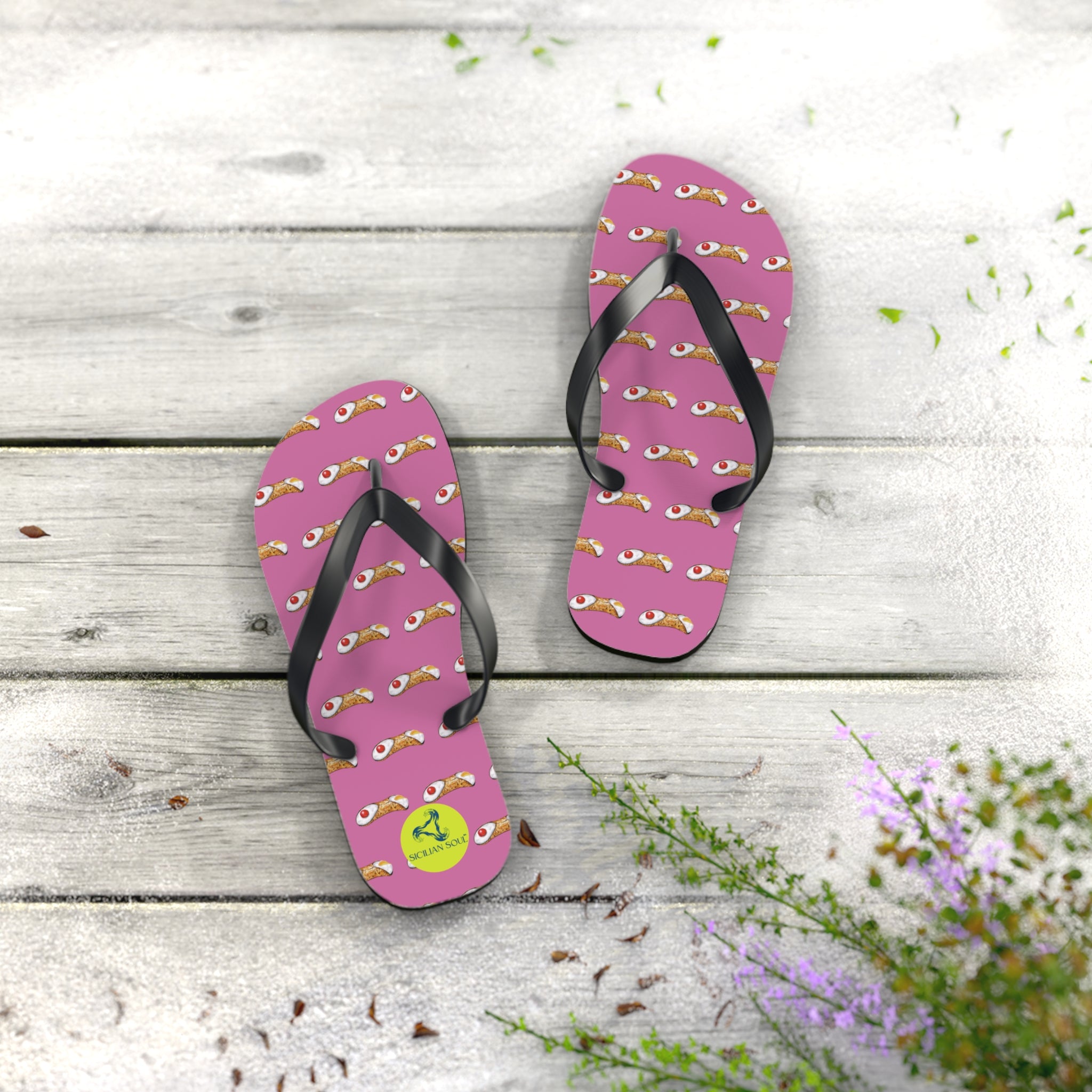 Sicilian Soul Cannoli Fun Graphic Flip Flops for Beach Days Pink